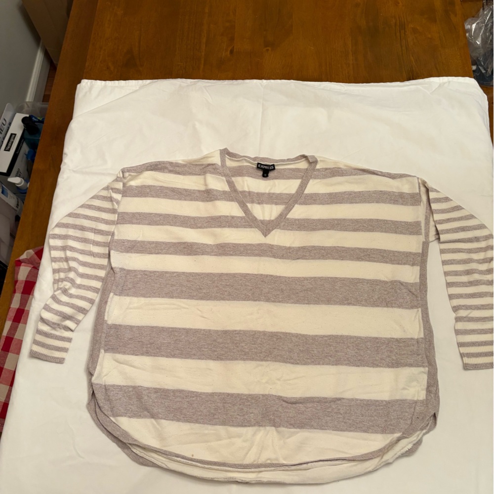 Express V-Neck Cream and Gray Striped Sweater